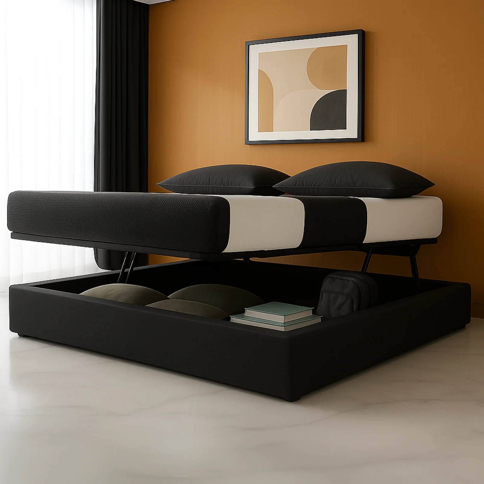 Lit coffre ouverture latérale et frontale tissu gris - Collection Parallèle - Image 8