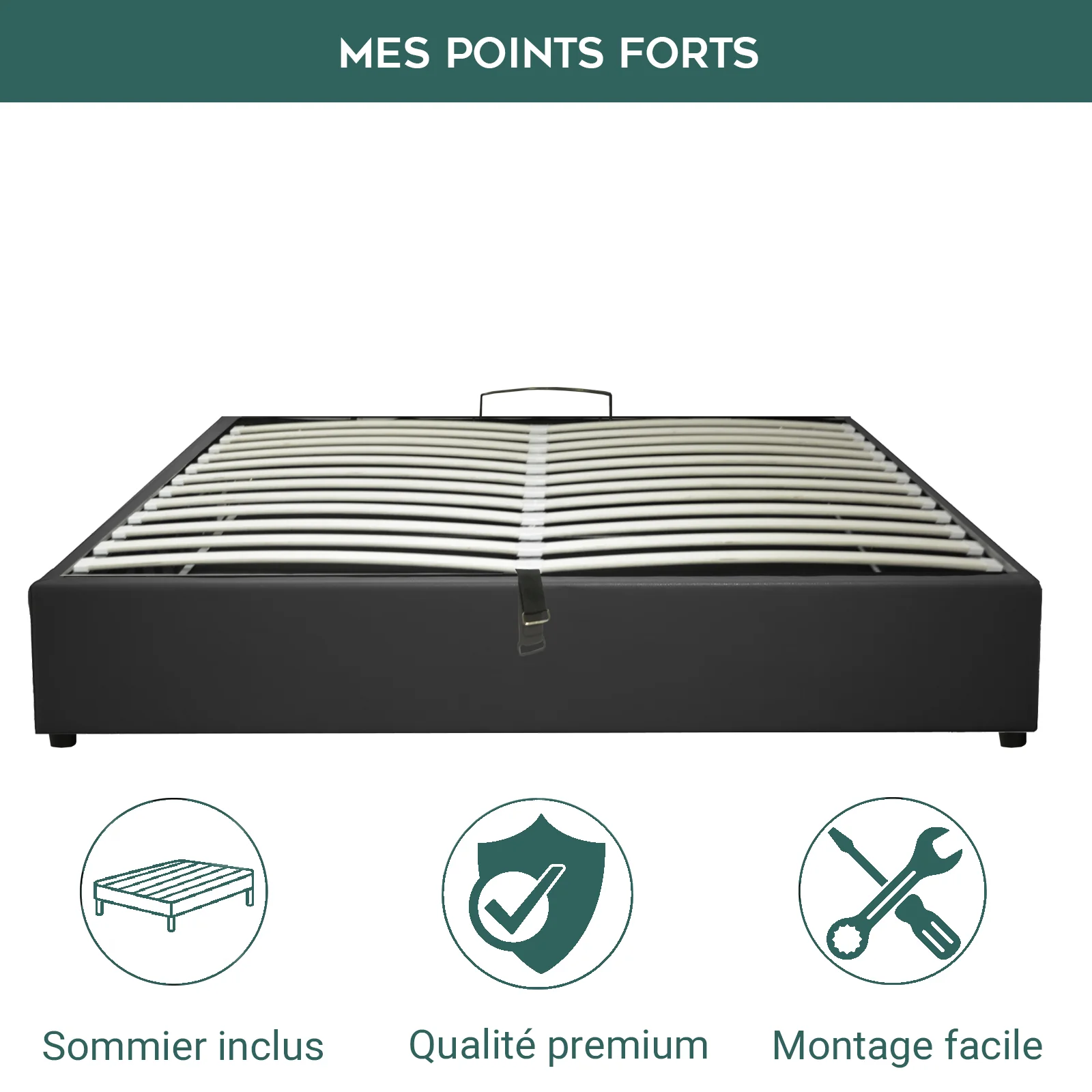 Lit coffre électrique simili cuir noir, télécommande, sommier flexible - Collection Futura - Image 6