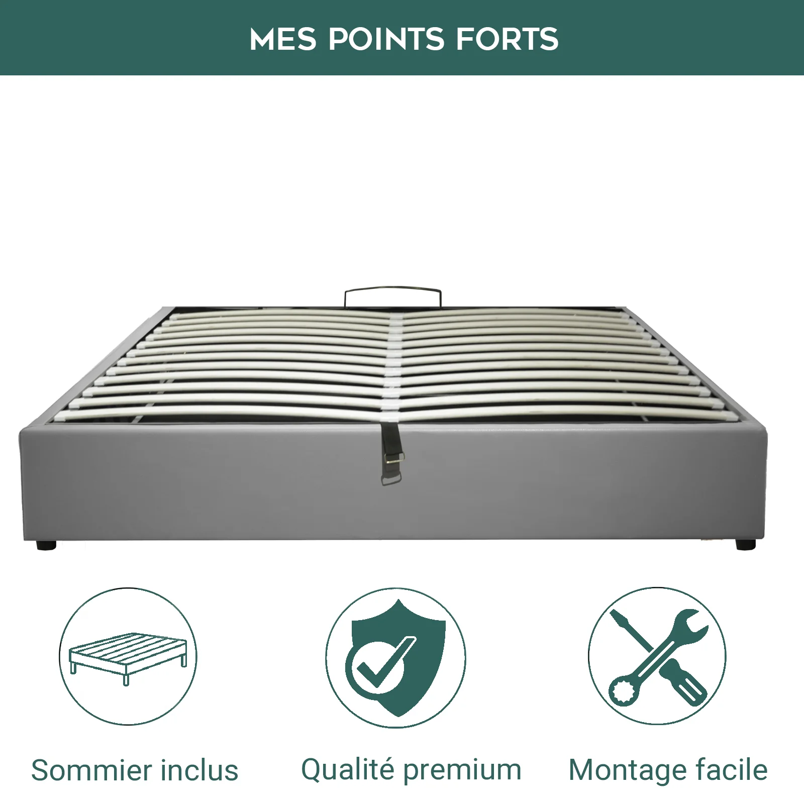 Lit coffre ouverture latérale et frontale simili cuir gris - Collection Parallèle - Image 6