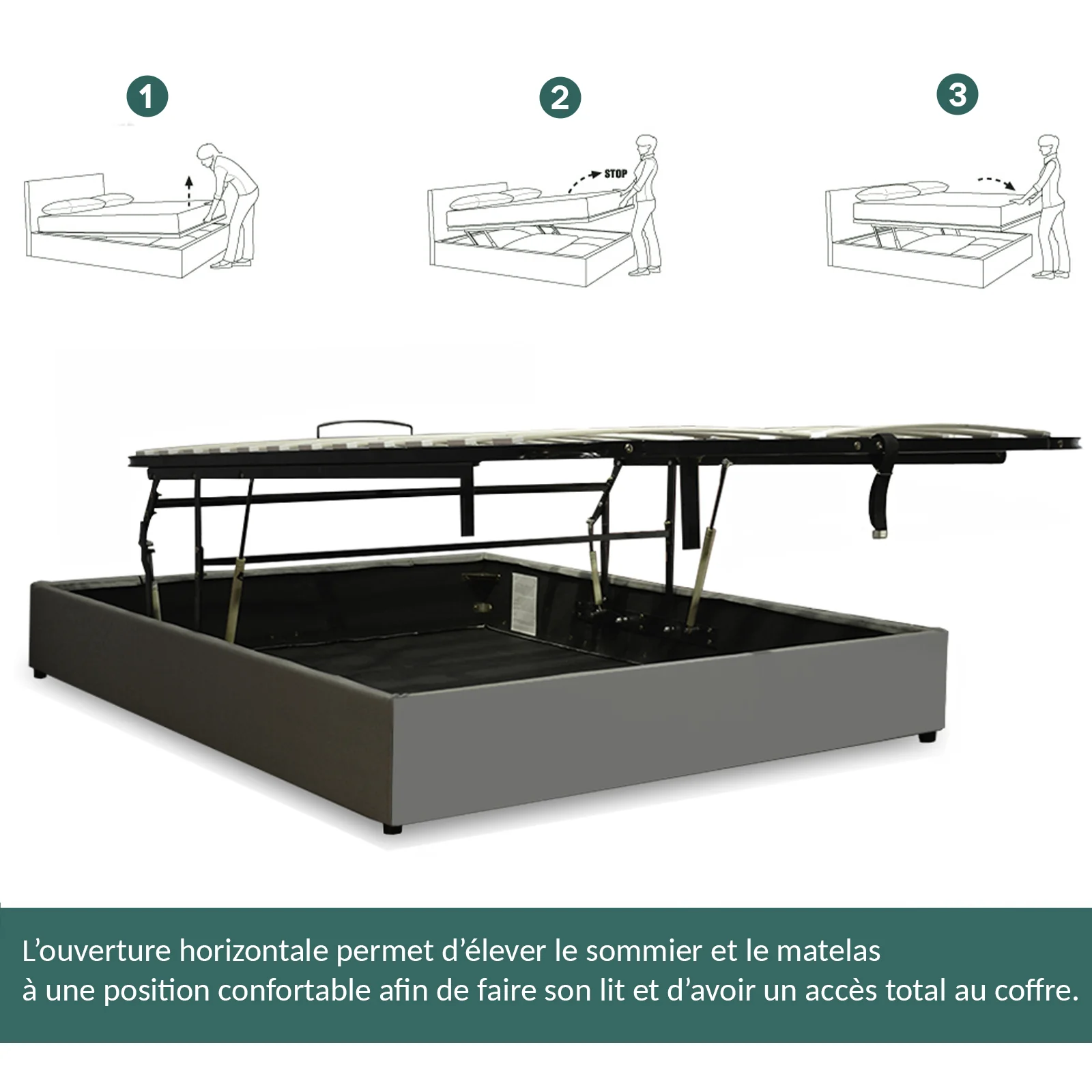 Lit coffre ouverture latérale et frontale simili cuir gris - Collection Parallèle - Image 7