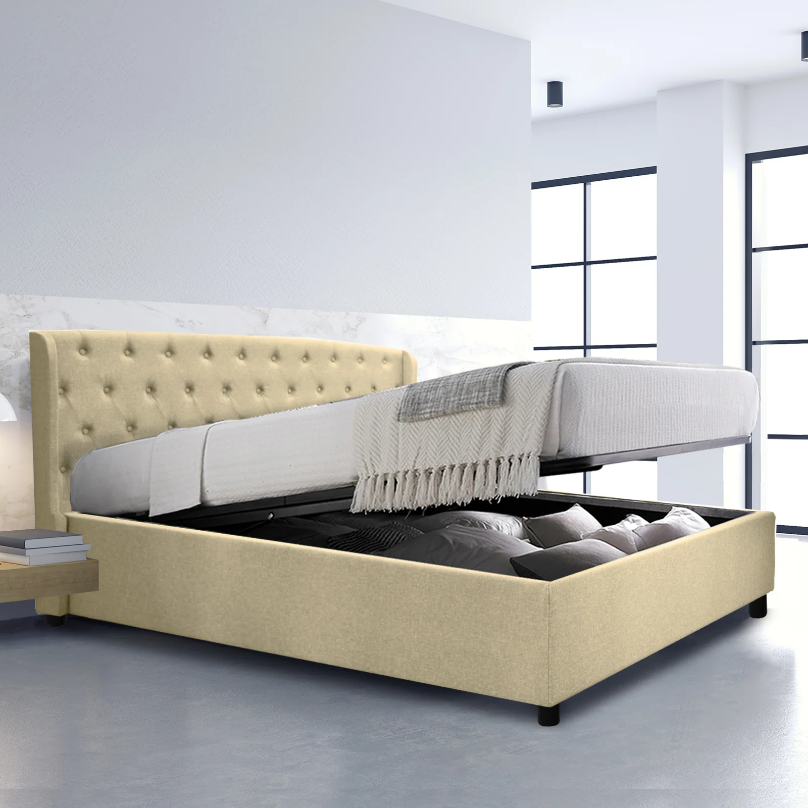 Lit coffre sommier relevable Monceau capitonné chic : tissu et sommier à lattes en bois flexibles - Image 11