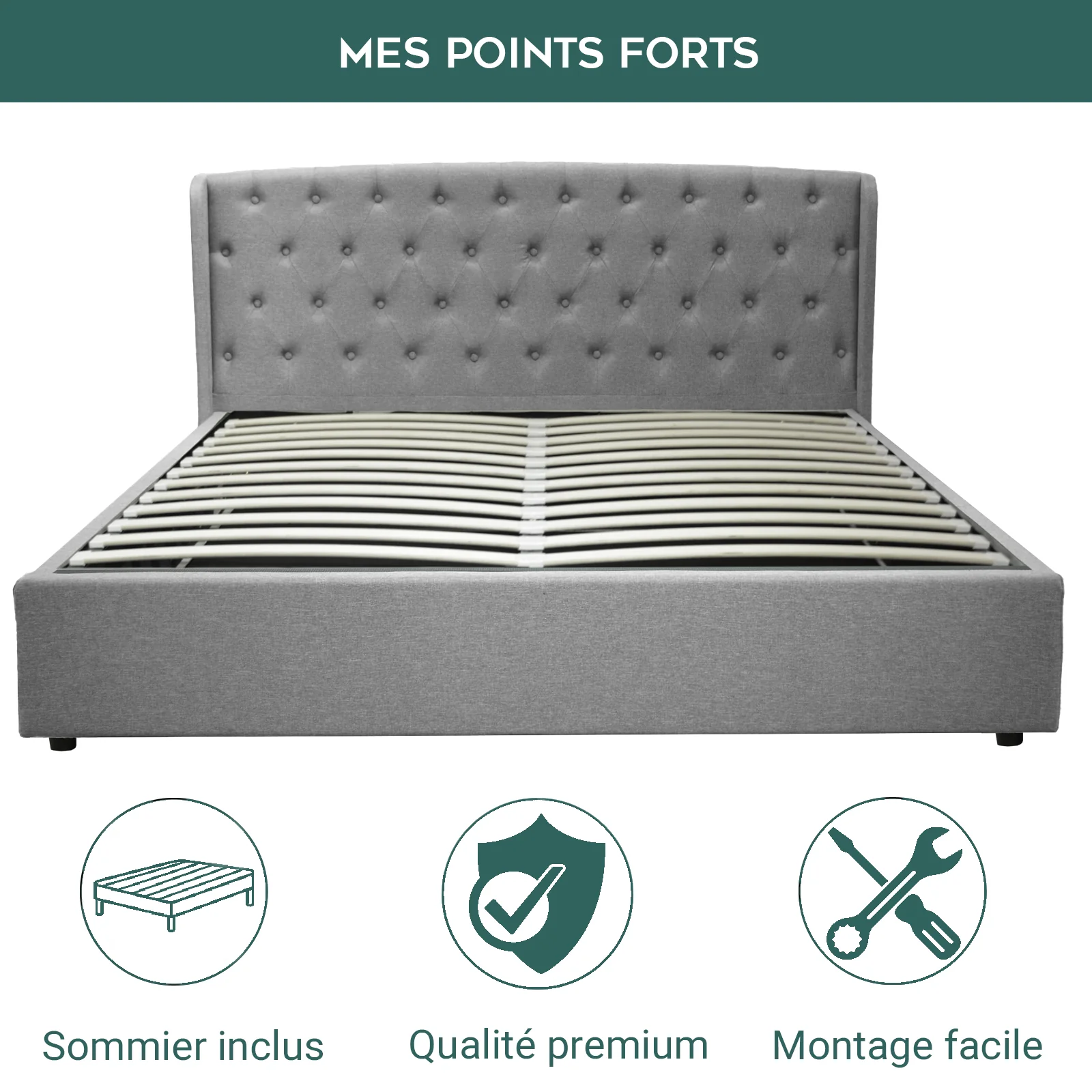 Lit coffre sommier relevable Monceau capitonné chic : tissu et sommier à lattes en bois flexibles - Image 3