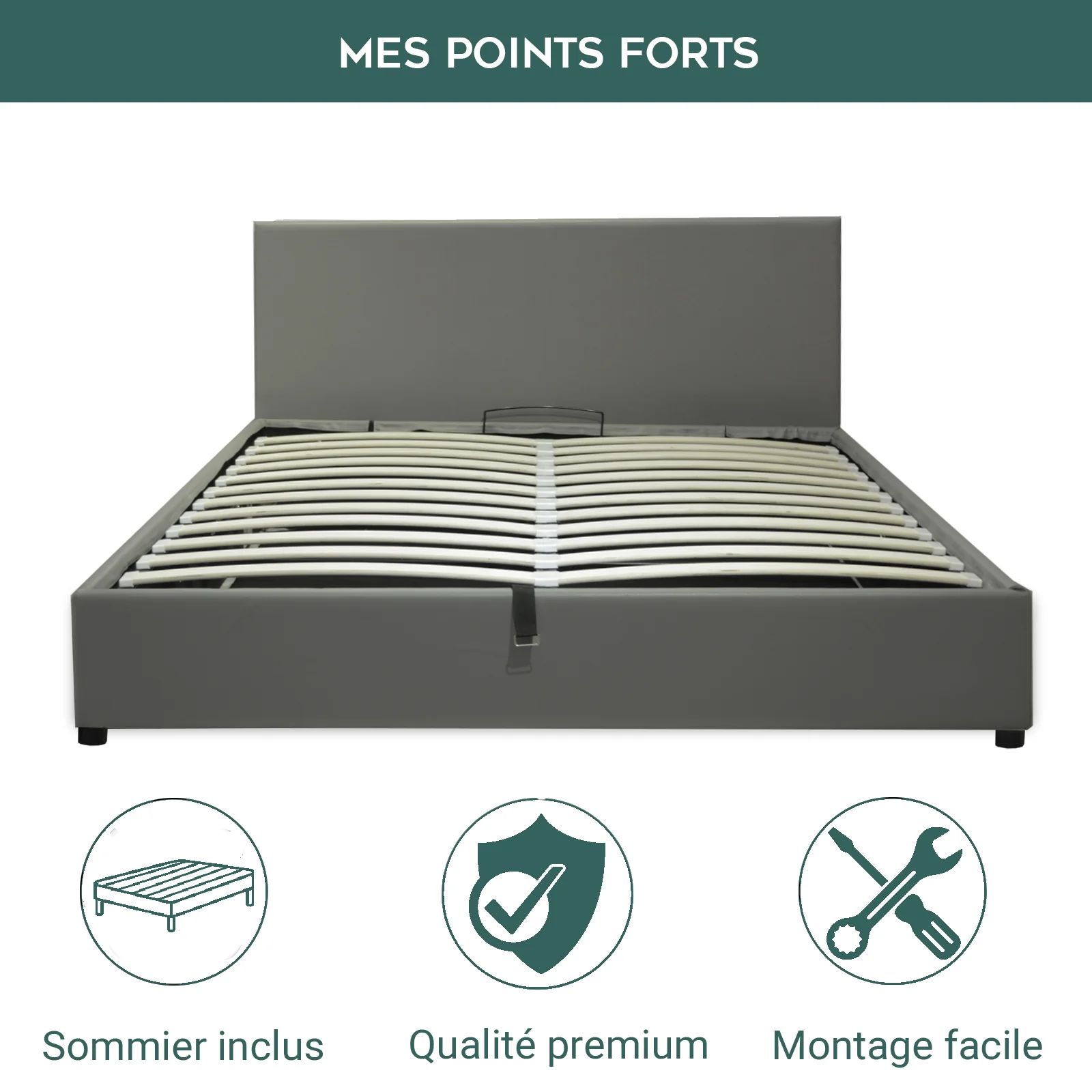 Lit coffre simili cuir, tête de lit, grand espace de stockage - Collection Versailles - Image 6