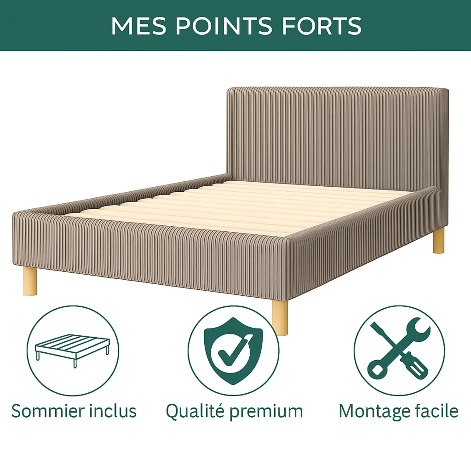 Lit enfant en velours côtelé : sommier à lattes et encadrement collection Anastasia - Image 7