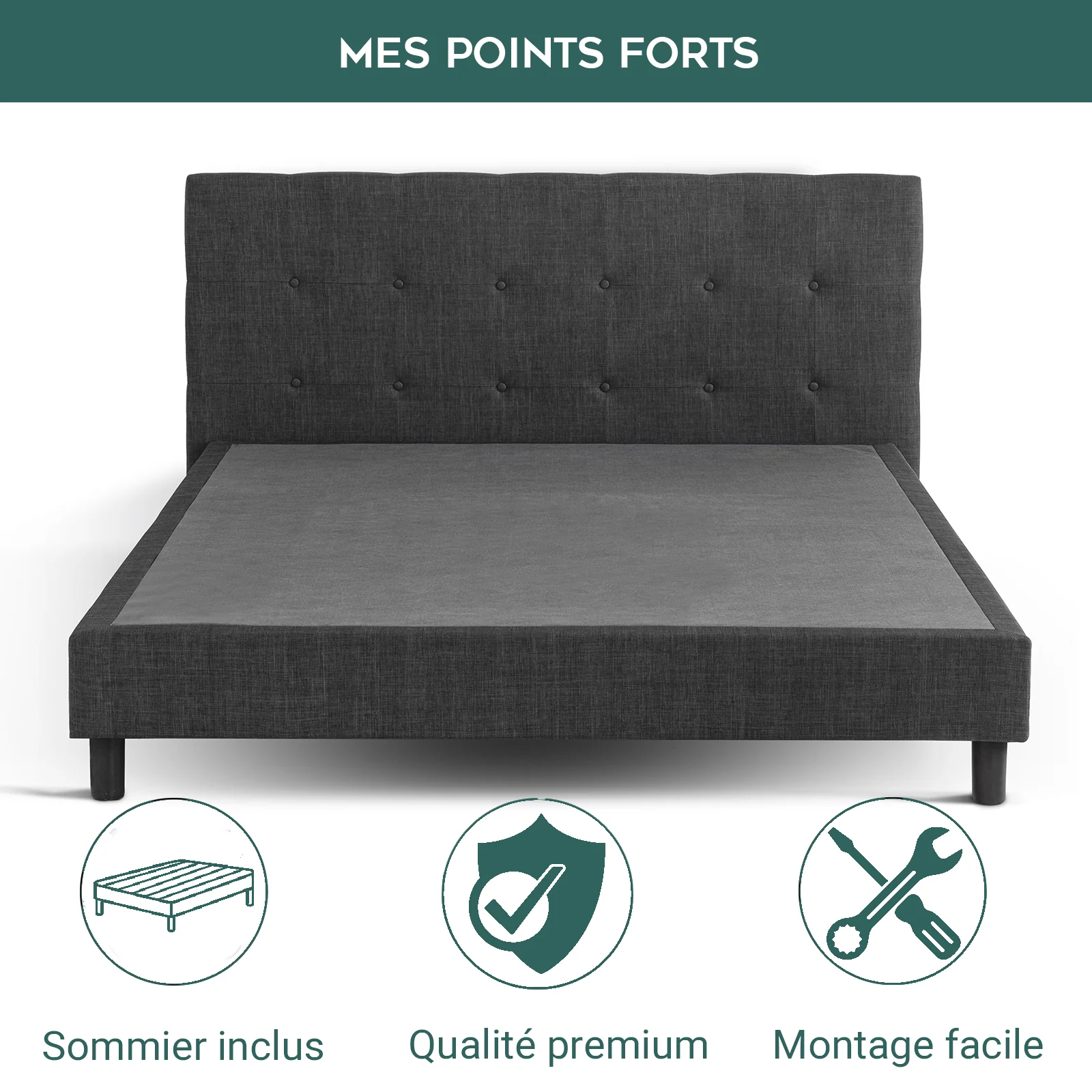 Lit capitonné Majestic moderne : tissu et sommier à lattes en bois - Image 11