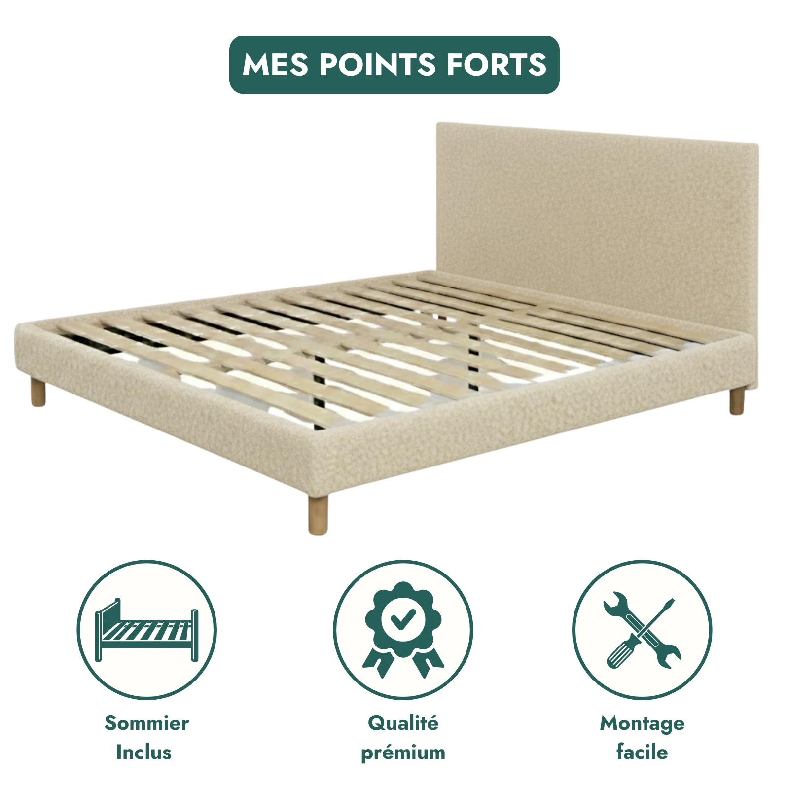 Lit bouclette, tête de lit, sommier à lattes bois - Collection Prince - Image 10