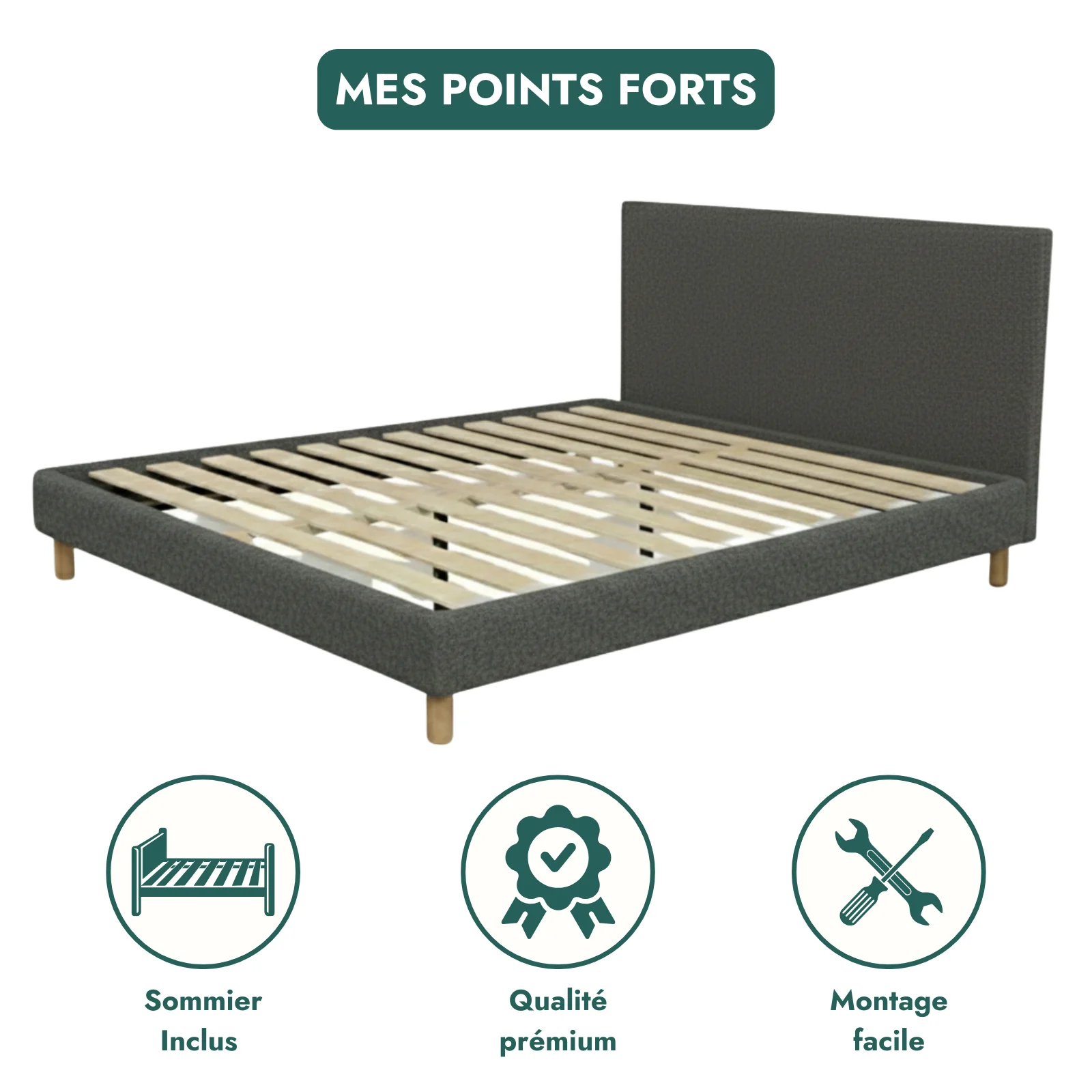 Lit bouclette, tête de lit, sommier à lattes bois - Collection Prince - Image 11