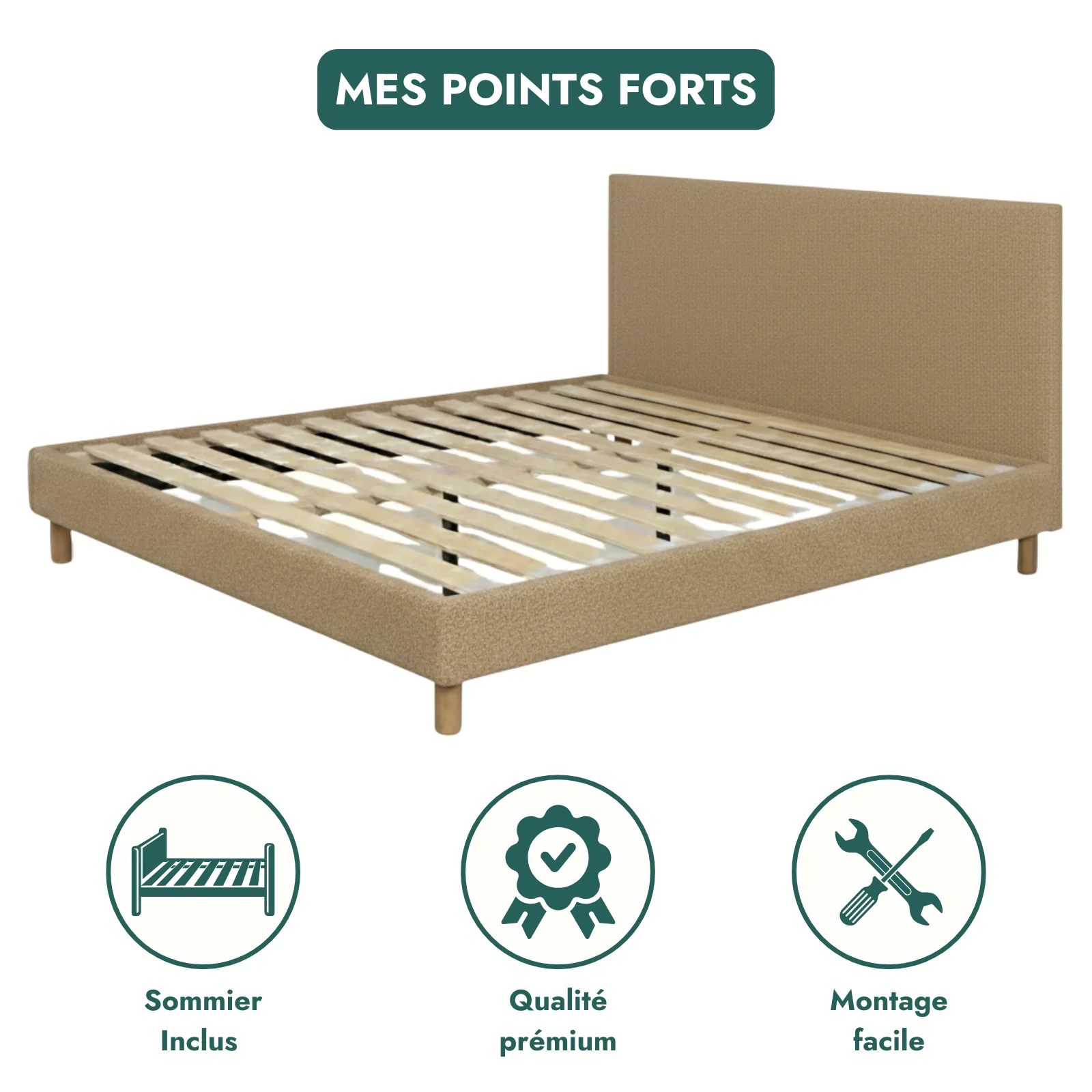 Lit bouclette, tête de lit, sommier à lattes bois - Collection Prince - Image 12