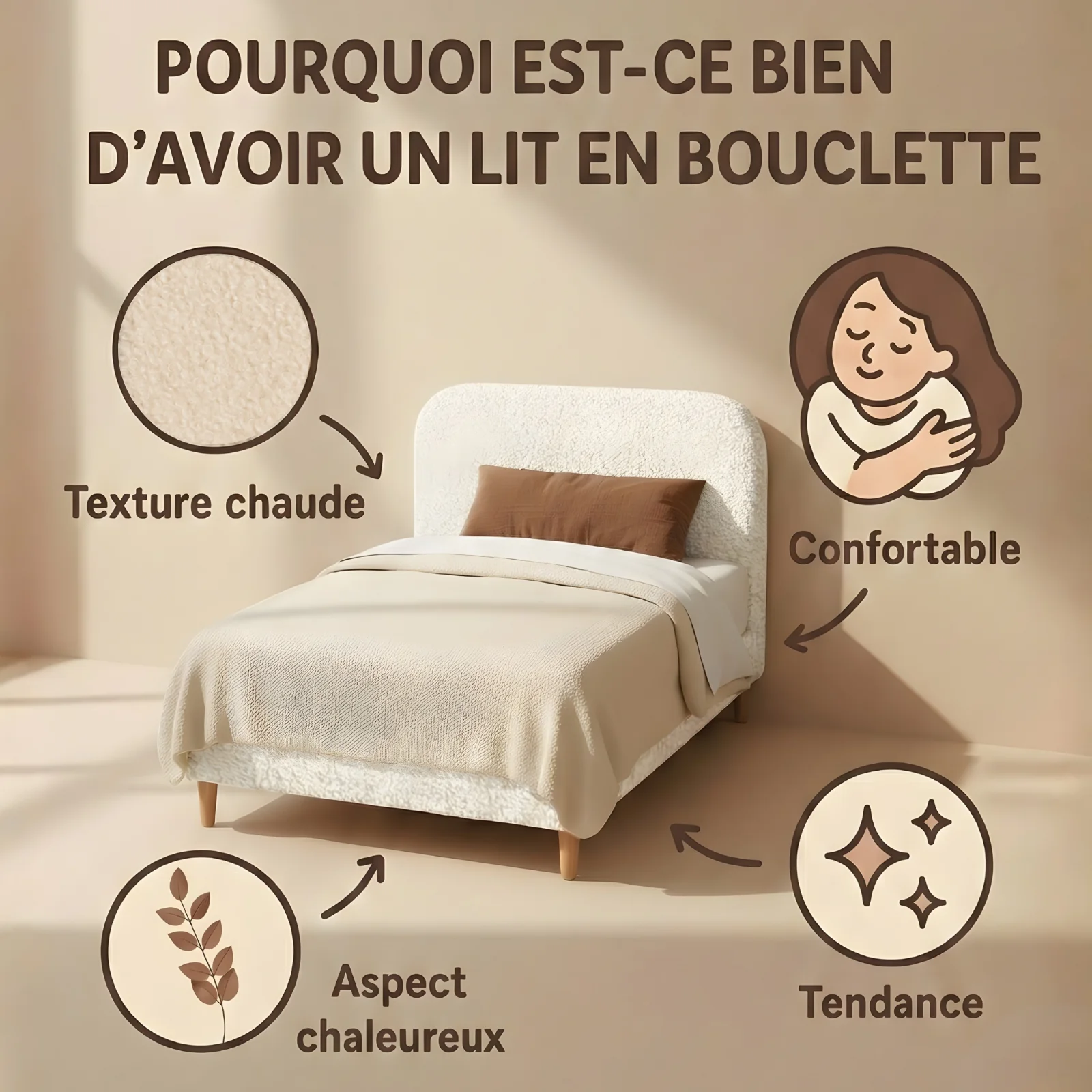 Lit bouclette, tête de lit, sommier à lattes bois - Collection Prince - Image 9