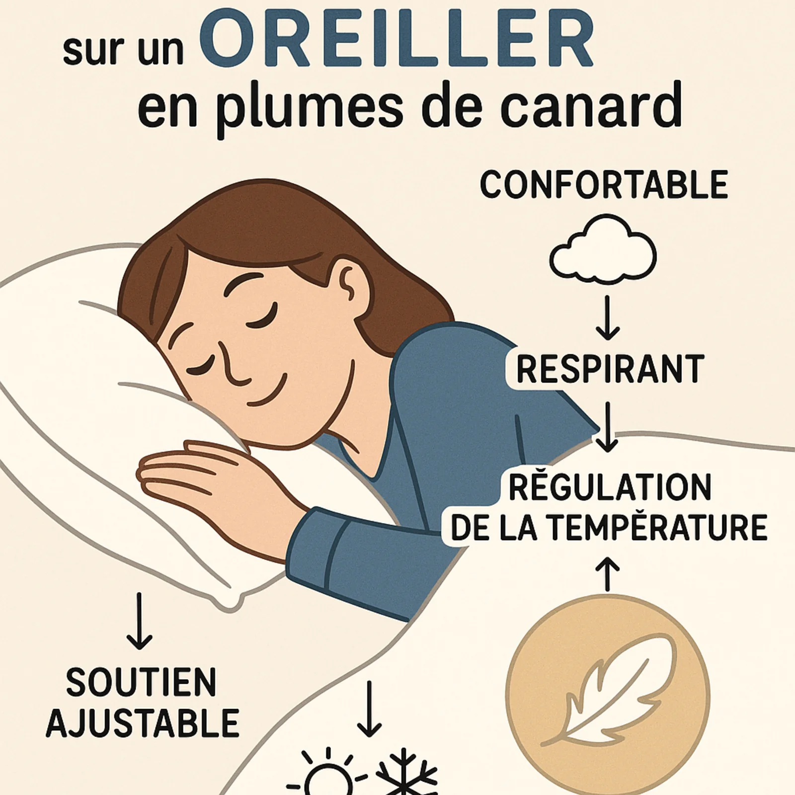 Oreiller plume de canard, coutil coton, ergonomique - Collection Luxe - Image 4