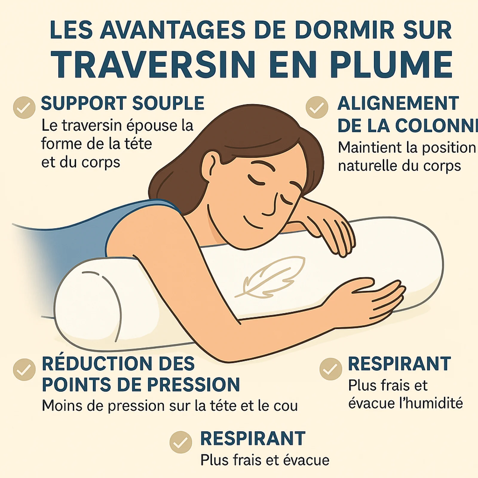 Traversin ergonomique, plumes de canard, duvet, tissu coton - Collection Luxe - Image 4